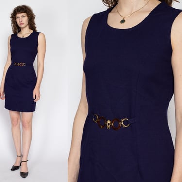 Medium 90s Navy Blue Mini Shift Dress | Vintage Minimalist Sleeveless Belted Tank Dress 