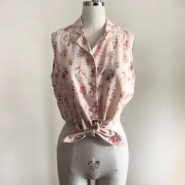 Sleeveless Floral Print Button-Down Blouse with Tie - 1990s - By Laura Ashley 