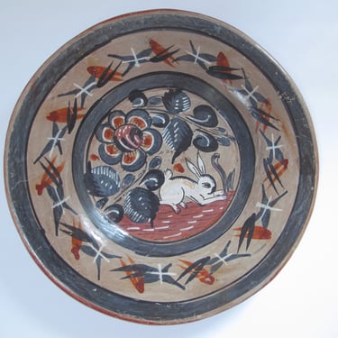 Mexican Pottery Plate Tonala Decorative Plate Rabbit Gray Blue Brown Mexico Folk Art Wall Art Earth Tones Boho Mexico Pottery 