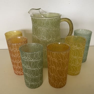 6 Vintage Spaghetti String Glass Tumblers And Pitcher, Mid Century Barware, retro glassware, retro home decor, colorful glasses 