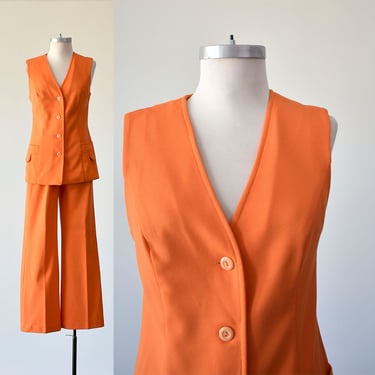 1970s Womens Suit / Bright Orange Polyester Pants Suit / Vintage 70s Outfit / 1970s Alex Colman 2pc Suit / Slacks & Vest / Orange 70s Outfit 