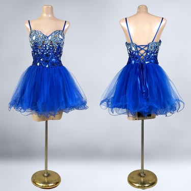 VINTAGE Y2K Blue Ice Princess Mini Tutu Prom Dress by Dave & Johnny Sz 11/12 | 2000s Mini Formal Party Bustier Gown 