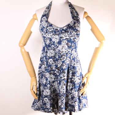 1990s Blue and White Floral Halter Top One Piece Romper by Energie -M 