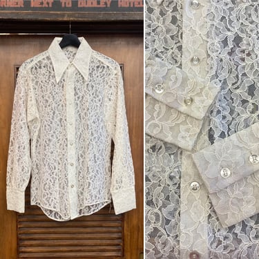 Vintage 1960’s Hippie Rocker Lace See-Through Deadstock Shirt, 60’s Floral Shirt, Vintage Clothing 