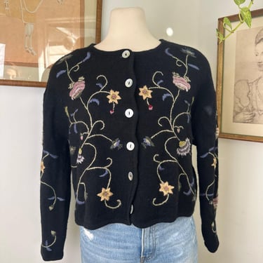VINTAGE BLACK CARDIGAN With Floral Embroidery For Women | Cozy Knit Sweater | Long Sleeve Black Handknit | Womens Sweater | Gifts For Her 