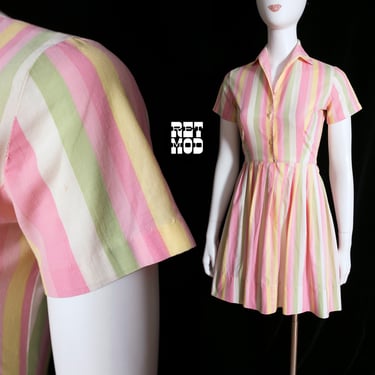 So Cute Vintage 50s 60s Pastel Pink Green Yellow White Stripe Fit and Flare Cotton Dress 