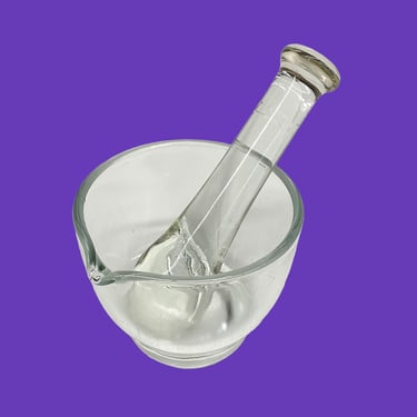 Vintage Mortar and Pestle Retro 2000s Clear Glass + 4oz Size + Herbs or Spice Grinder + Apothecary + Pharmaceutical + Kitchen Cookware 