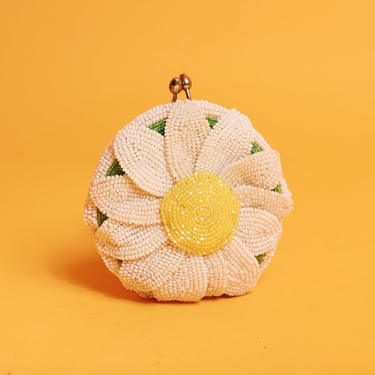 40s White Yellow Sunflower Rounded Purse Vintage Flower Novelty Small Closure Coin Purse 