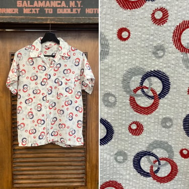 Vintage 1950’s Loop Collar Atomic Pattern Seersucker Cotton Rockabilly Shirt, 50’s Vintage Clothing 