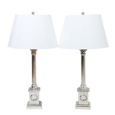 Pair of Silver Plate Sheffield Corinthian Column Lamps