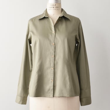 Vintage Khaki Green Cotton Button Down Shirt, 90s Tailored Blouse, S / M 