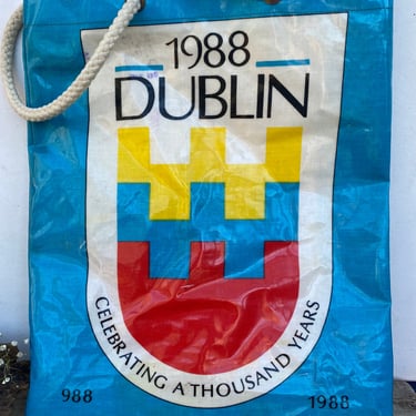 Vintage 1988 Dublin Market Bag, Oil Cloth Type Material, Dublin Ireland Souvenir, 1000 Year Celebration, Tote With Cloth Handles, Color Vary 