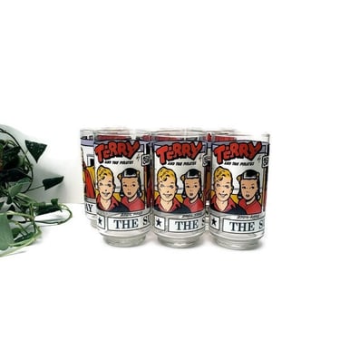 6 Terry and the Pirates by Milton Caniff Glasses Tumblers/ The Sunday Funnies/ 1976 News Syndicate Co/ Cartoon Cups/ 