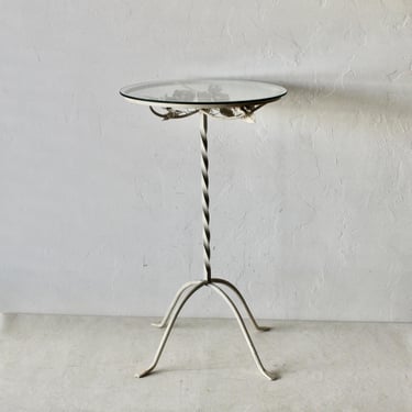 Bohemian Chic White Finish Sculptural Metalcrafted Roses Wrought Iron Style Glass Top End Side Table 