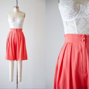 high waisted shorts | 80s vintage Ann May red silk charmeuse long pleated culottes 