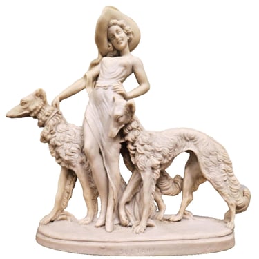 Art Deco Lady W/ Dogs Hounds Borzoi Figurine Statue Marked Sultana Resin VTG 