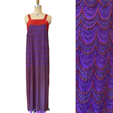 1960s beaded evening gown, vintage formal dress, purple and red, Alfred Bosand, plus size, sleeveless column, 60s designer, 
