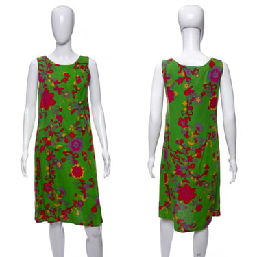 1960's Lisanne Green and Multicolor Floral Print Sleeveless Knee Length Dress Size M