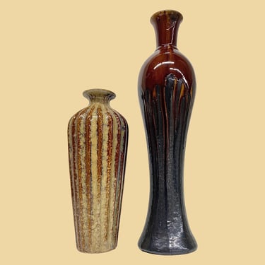 Vintage Ceramic Vase Set Retro 1970s Mid Century Modern + Drip Glaze + Warm Tones + Set of 2 + MCM Home Decor + Decoration 
