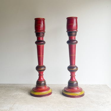 Set of Two 18 Inch Tall Vintage Turned Wood Spindle Candle Sticks Red Yellow Black Boho Large Lacquered Table Legs Salvage Painted Spindles 
