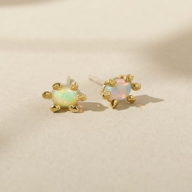 Unique White Opal Natural Gemstone Flower Stud Earrings for October Birthstone 