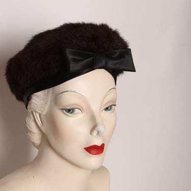 1950s Black and Brown Mink Fur Bow Detail Formal Hat 