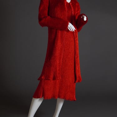 Issey Miyake Pleats Please red matching set with furry pile featuring cardigan and midi length shift dress 