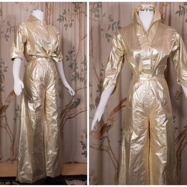 1960s Pantsuit - RARE Mr. Blackwell Bright Gold Lamé Two Piece Pant Set with Wide Leg Pants and Bad Girl Blouse 