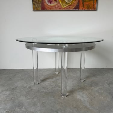 1980's Postmodern Pace- Style  Lucite &  Stainless Steel Round Dining Table  W Beveled Glass Top 