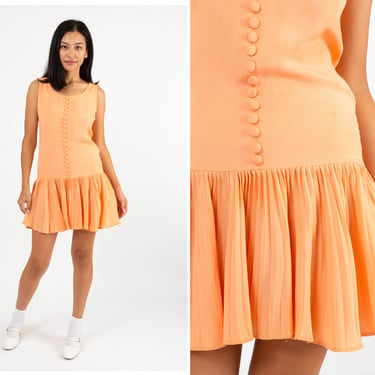 Vintage 1960s 60s does 20s Peach Orange Drop Waist Pleated Mini Dress w, Buttons, Swing Style, Daisy Buchanan, Flapper 