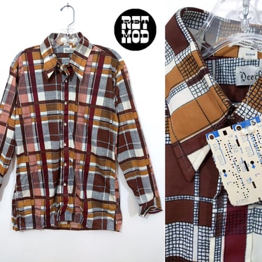 Deadstock Vintage 70s Brown Novelty Print Plaid Men's Long Sleeve Collared Nylon Shirt 