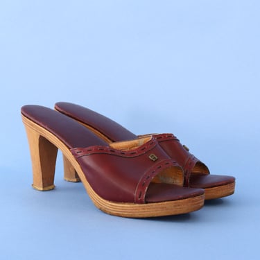 Aigner Oxblood Wooden Mules 9