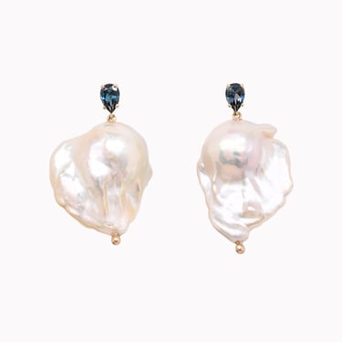White Baroque Pearl &amp; Blue Tourmaline Earrings
