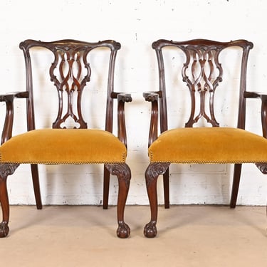 Baker Furniture Chippendale Carved Mahogany Dining Armchairs, Pair