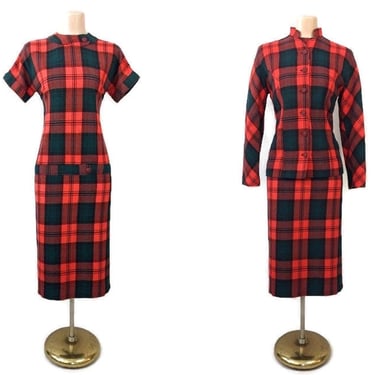 VINTAGE 50s Red & Green Plaid Pencil Dress and Jacket Set | 1950s Dress Suit | Drop Waist Wiggle Dress Fitted Jacket | 49er Style Outfit vfg 