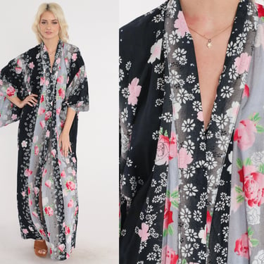 Black Floral Kimono Y2K Long Robe Open Front Maxi Jacket Japanese Full Length House Coat Striped Flower Rose Print Cotton Vintage 00s Large 