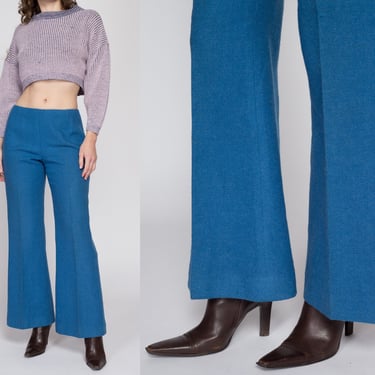 Medium 70s Blue Knit Flared Pants 28" | Vintage Wool Mid Rise Retro Trousers 