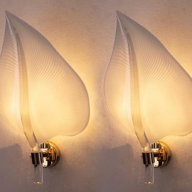 Set of 2 large Murano white glass leaves wall sconces, handmade Franco luce for Seguso, Made in Italy lighting design 