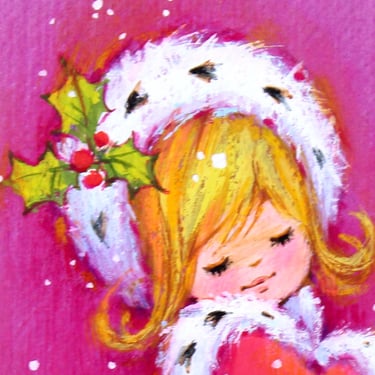 VERY RARE! ORIGINAL Gouache Painting by Artist Fran Ju | 1960s Original Christmas Card Art | Girl Elf on Purple | Vintage Rust Craft 