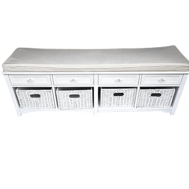 White Storage Bench with Drawers &amp; Cubbies w/Baskets &amp; Top Cushion WM249-10