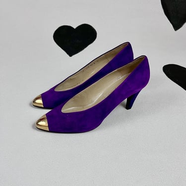 1980's purple suede gold cap toe pumps 80's sexy soft leather metal tip tapered high heels party prom rocker shoes size 10 M US 