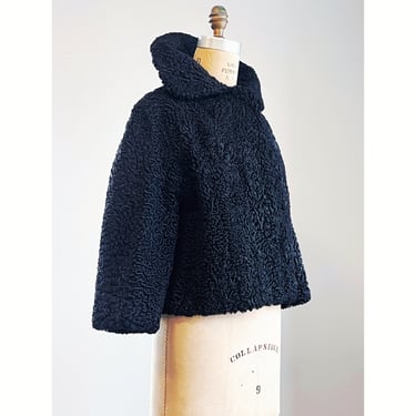 Joan 1960s curly lamb coat, 50s 60s cropped fur coat, 1950s black coat, vintage coat, persian lamb, erstwhile style 