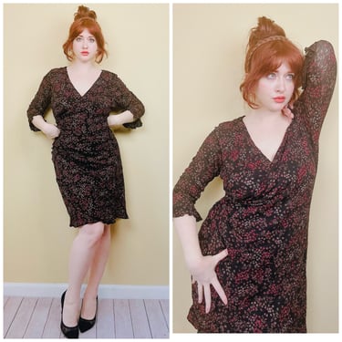 1990s Vintage Alyn Paige Crinkle Wrap Dress / 90s Red and Black Floral Ruffled BIas Cut Dress / Size XL 