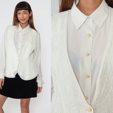 Attached Vest Blouse 90s Button up Shirt Off-White Floral Lace Top Victorian Long Sleeve Twofer Boho Romantic Vintage 1990s Extra Large xl 
