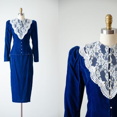 blue velvet suit | 80s vintage Jessica McClintock sapphire blue velvet lace skirt blouse antique style nipped waist blazer suit 