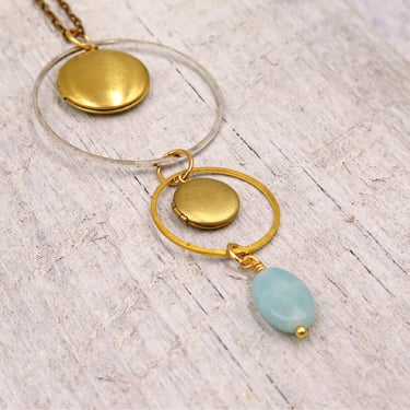 Modern 4 Photo Locket Necklace, Amazonite Jewelry, Circle Necklace, Family Photos, Heirloom Jewelry, Unique Gift for Mom 