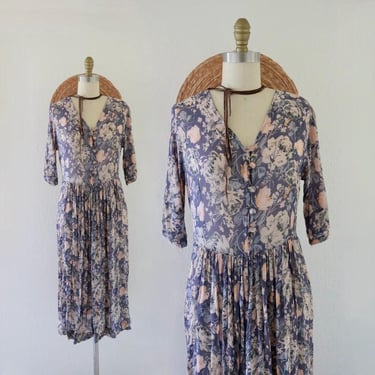 sheer rayon botanical dress s/m - vintage 90s y2k india floral womens flowy romantic cute cottage cottagecore small medium 