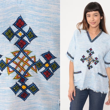 Fringe Tunic Shirt Embroidered Geometric Knot Top 90s Hippie Boho Heathered Baby Blue Bohemian Shirt Hippy V Neck Latin American Medium 