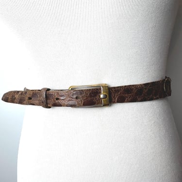 1940’s Men’s thin perforated gator like leather belt with cloth~ snaps on- off buckle~ Extra skinny trouser belt~ WW2 era~ rockabilly style 