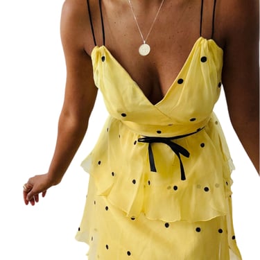 Vintage 1970s Buttercream Yellow Polka Dot Silk Tiered Gown